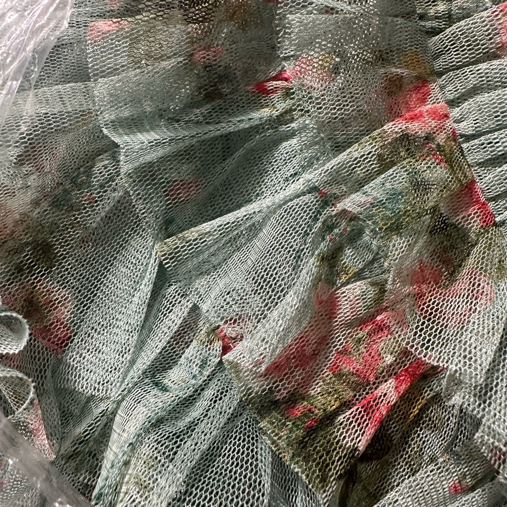 New Mac Duggal Size 16 Green Floral Ruffle Tiered Short Sleeve A Line Midi Dress - Picture 8 of 10